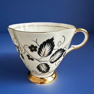 Clarence Bone China Single Teacup Black & Gold Leaves Made in England 1950’s EUC